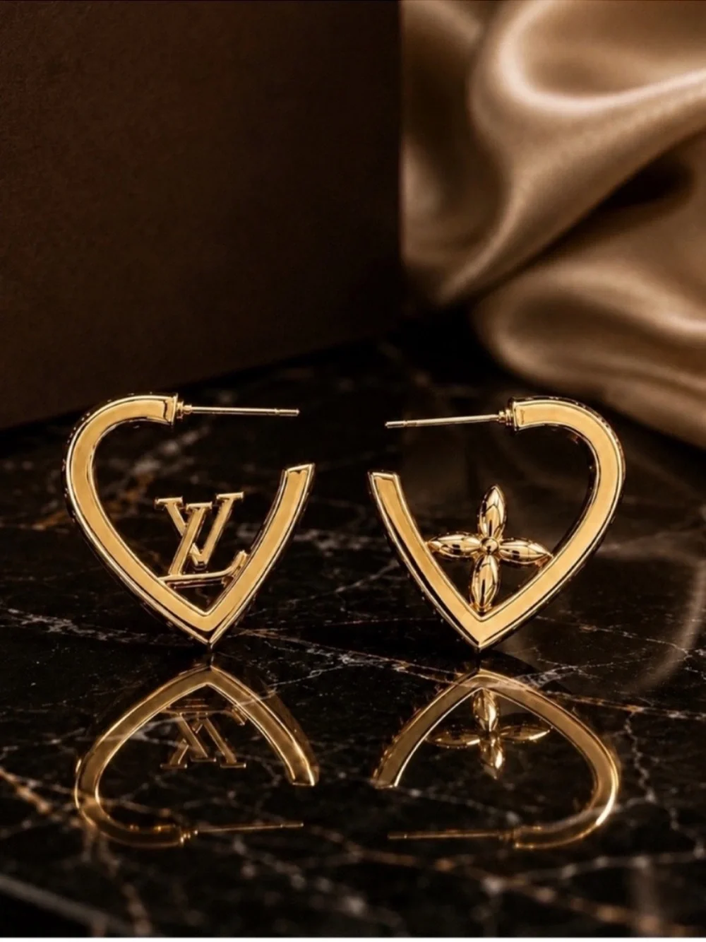 Gold Crystal Heart Hoop Earrings with Monogram Flower